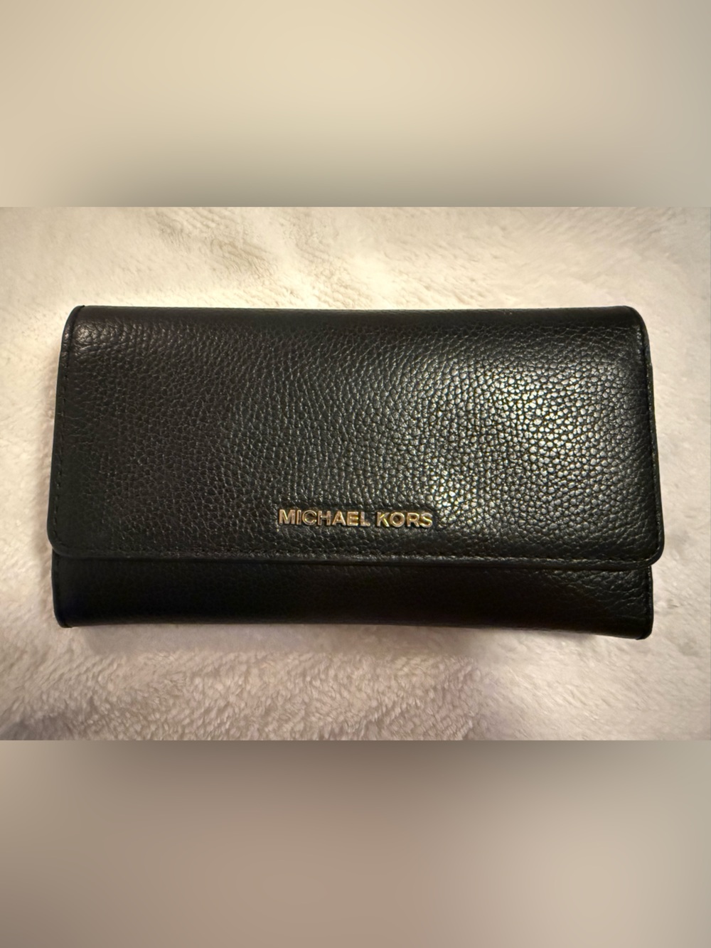 Michael Kors Black Pebbled Leather Fold Wallet with Gold Logo
